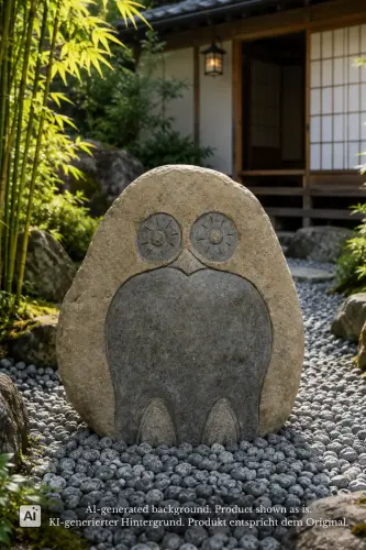 Product image of the product “Owl sculpture made of riverstone, stylized design with carved eyes and smooth natural stone surface, H. approx. 50 cm. ”